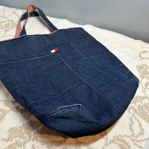 Tommy Hilfiger blue denim tote bag with red gingham lining  vintage vibe